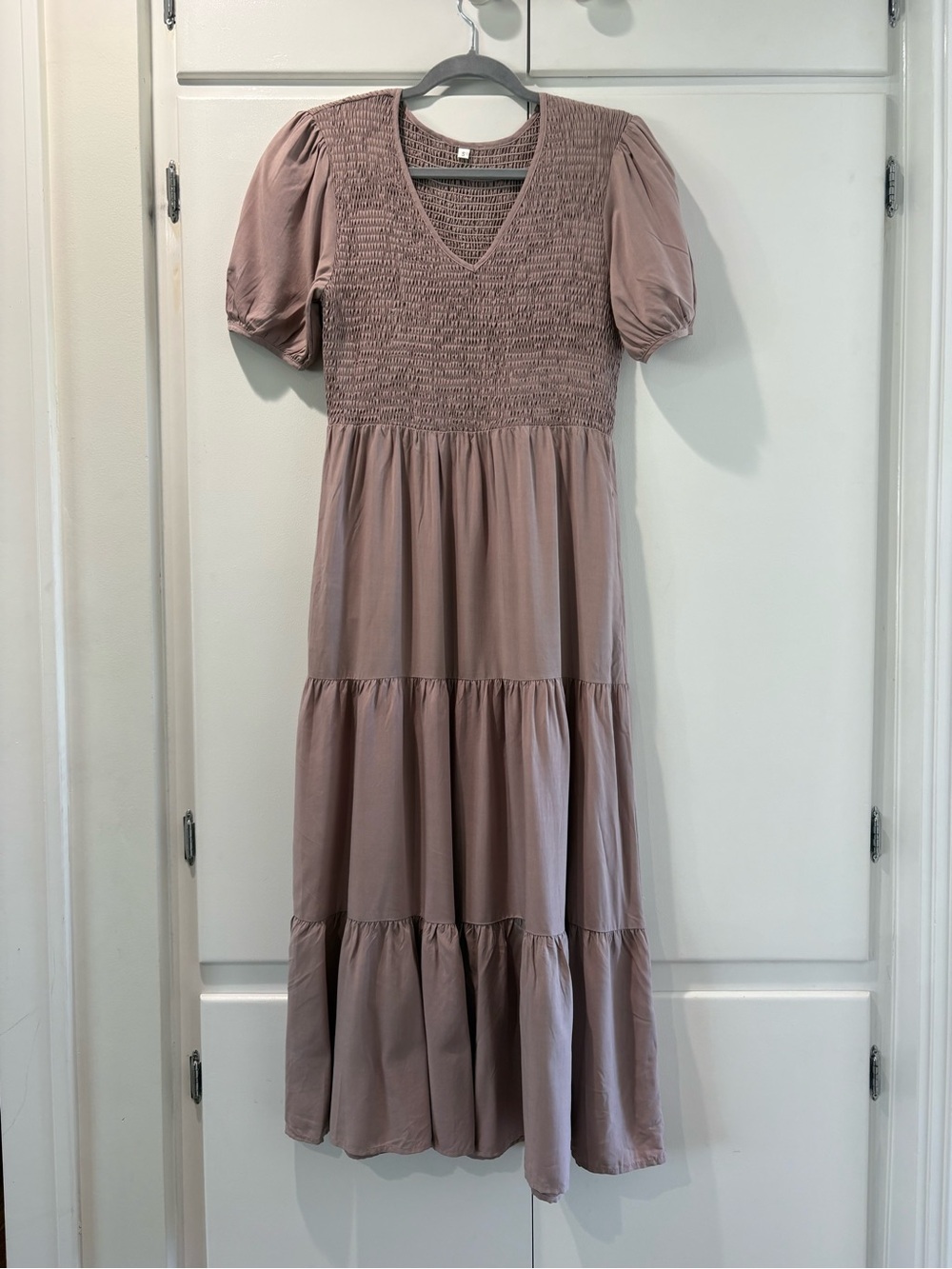 Smocked V-Neck Midi Dress in Dusty Mauve